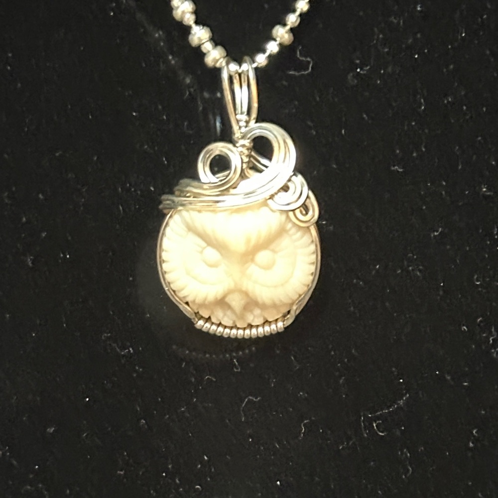 Elegant Silver and Cream Owl Pendant Necklace with Hand Tied Silver.